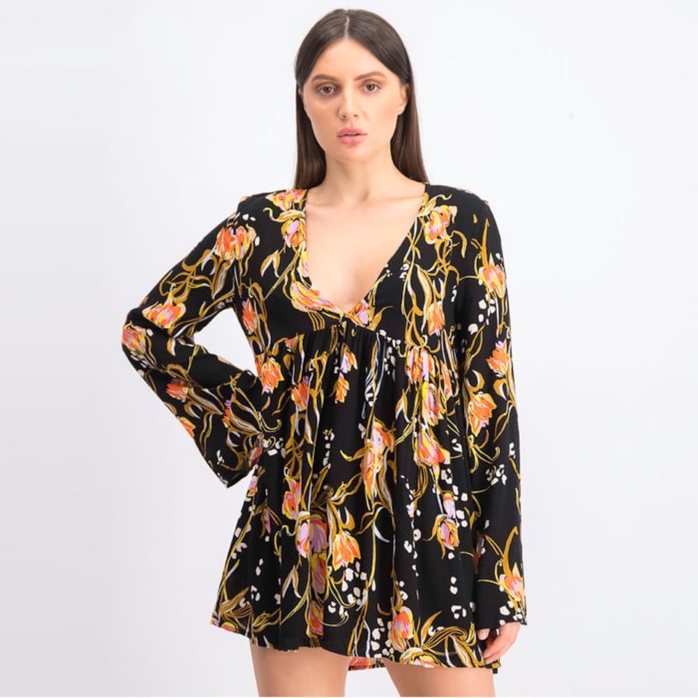 Free People BELLA Black Bell Sleeve Babydoll Dress